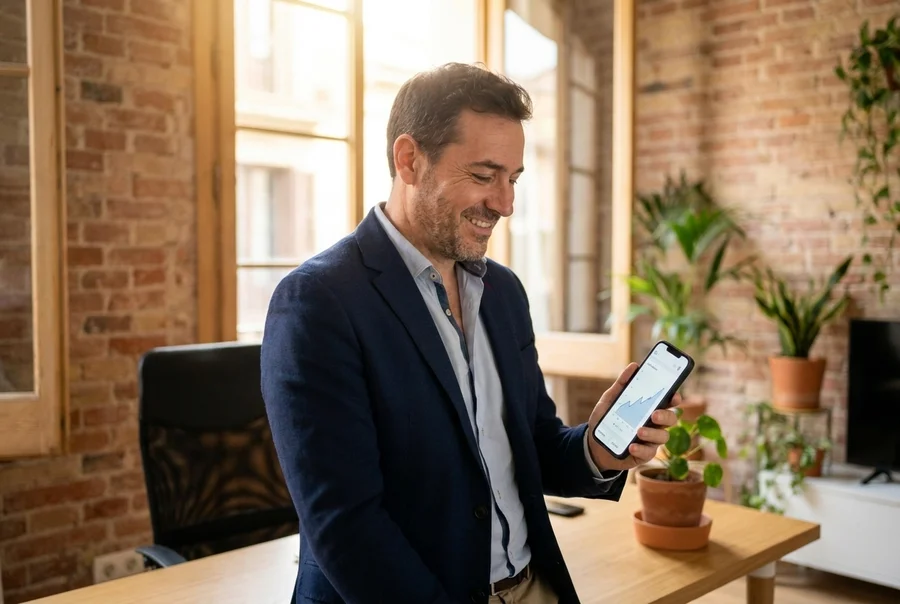 Empresario en Barcelona sonriendo al ver resultados positivos en su móvil gracias al SEO