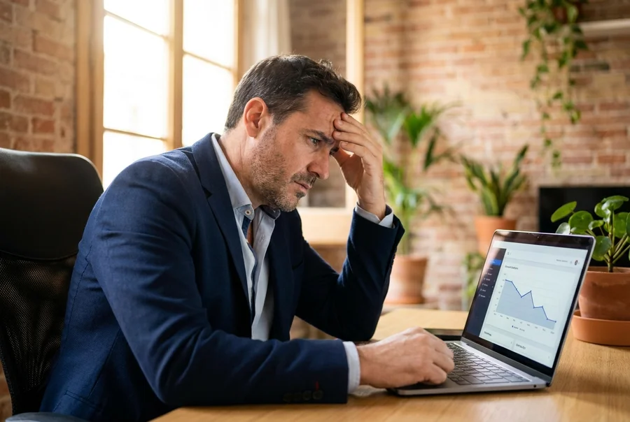 Empresario en Barcelona preocupado mirando métricas de su web sin resultados