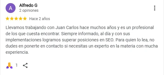 Reseña de Alfredo G en Google — Consultor SEO Barcelona Juan Carlos Pell